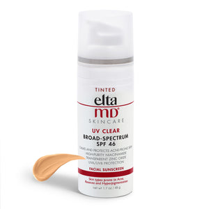 Oil-free EltaMD UV Clear Tinted helps calm and protect sensitive skin types prone to discoloration and breakouts associated to acne and rosacea. It contains niacinamide (vitamin B3), hyaluronic acid and lactic acid, ingredients that promote the appearance of healthy-looking skin. Very lightweight and silky, it may be worn with makeup or alone. EltaMD UV Clear is also available in an untinted formula.